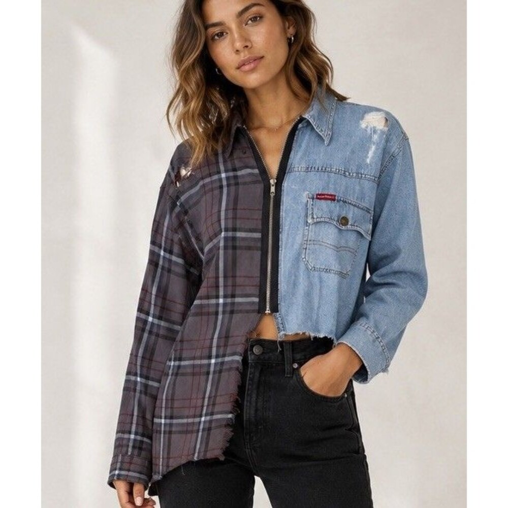 FURST OF A KIND Zip Up Flannel/Denim Shirt Women Sz S M Distressed Deconstructed